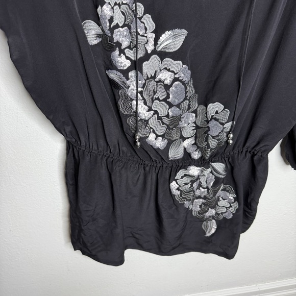 Cache Silk Black Embroidered Peplum Hem Top Women's XL Floral Boho Blouse Y2K - Picture 4 of 9